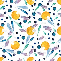 Сute卡通水彩图案上的一个空间主题。空间物体的插图。这幅画是用手画的。设计贺卡，封面，面料，壁纸，