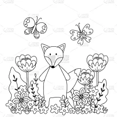 狐狸,可爱的,童年,蝴蝶,彩色书,贺卡,铅笔,简单,动物,春天