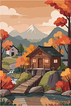 卡通小木屋手绘插画