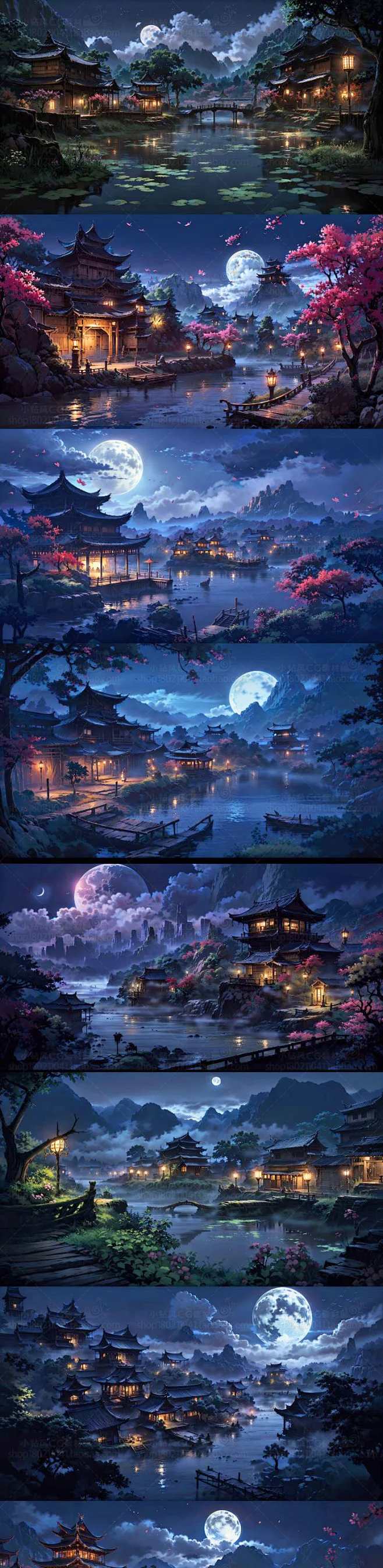 AI古风建筑素材 庭院夜景插画设计 背景临摹图 影视游戏场景资源-花瓣网
