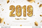 Happy New Year Banner with Gold 2019 Numbers on Bright Background with Flying Confetti. Vector illustration.