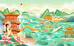 国潮夏天国风手绘插画山川河流人物风景建筑乘凉桥亭子荷叶荷花国潮夏天夏日立夏夏季插画