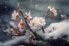 雪地花朵植物柿子素材图片