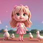 00050-3623032181-A little girl of five or six years old, wearing pink clothes, a pink rose on her head, long blond hair, interacting with chicken