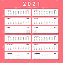 日历2021替代景观风格。下周一开始。