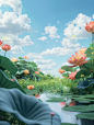 3D cartoon style with a cartoon background featuring a blue sky with white clouds. A grassland is depicted with lotus leaves on the left side of the screen and lotus flowers on both sides. Green plants are shown in front of them. The style is simple, cute