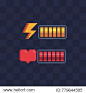 Pixel art style. Battery charge. Full health bar. Video game 8-bit sprite. Sign energy, heart. Isolated abstract vector illustration. 