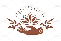 神奇的莲花剪影与手，月亮，星星，叶子在最小的波西米亚风格孤立在白色背景。