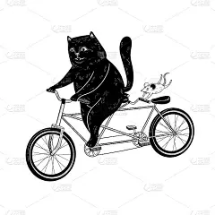 猫和老鼠骑自行车。有趣的矢量插图，卡片，海报，打印。