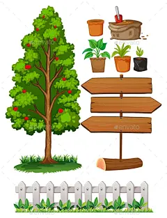 园艺产品和树和篱笆——有机物体对象Gardening Items With Tree and Fence - Organic Objects Objects苹果树、艺术背景,剪辑,剪艺术,剪纸艺术,剪裁,收集、画画,栅栏,园艺,图形,插图,形象,孤立的,日志,对象,路径,图片,植物,盆栽,安全,系列,集,符号,树,热带,白色,木制的迹象 apple tree, art, background, clip, clip-art, clipart, clipping, collection, drawing, 