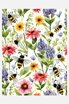 AI数字艺术蜜蜂花朵水彩插画-众图网