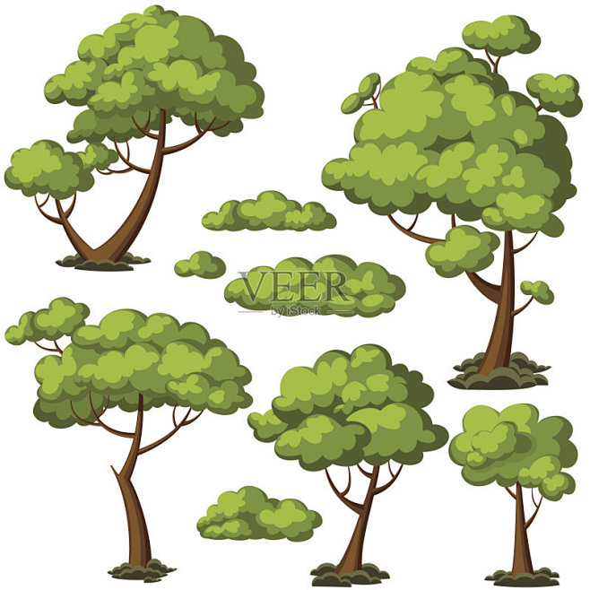 一套有趣的卡通树和绿色的灌木丛。矢量图。...