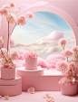 in this pink background are two boxes with flowers, in the style of daz3d, qian xuan, clamp, dreamlike scenery, rounded, white background, multi-layered collage-like