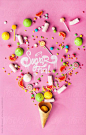 Different candies on pink background with "Sugar fun!" text.