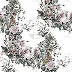 叶和花的水彩画，在白色的背景上无缝的图案