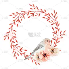 活珊瑚颜色的花朵和树叶花环。水彩框架插图。手绘的例证。婚礼请柬、贺卡、贺卡的设计.