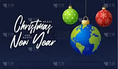 地球星球圣诞球卡。圣诞快乐世界贺卡。挂在一根线地球行星作为圣诞球小饰物在黑色背景。世界矢量插图。