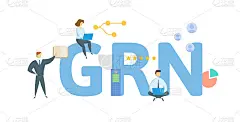 GRN，收货单。概念与关键字，人和图标。平面向量插图。孤立在白色的。