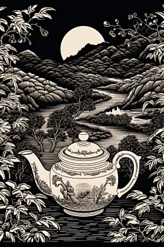 AI数字艺术复古铜版画茶园茶叶插画-众图网