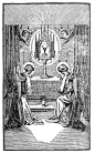 两个天使或小天使向圣坛祈祷与主，饼或圣饼或身体的基督。基督教古董线画或版画插图