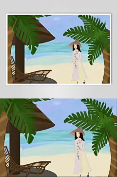 海边旅行越南风情插画