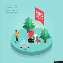 创意时尚扁平化等距视角人物购物促销社交场景舞台卡通016模板矢量素材