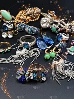 珠宝金银翡翠奢侈品女装配饰礼品蓝色绿色宝石抽象背景销售广告横幅海报套装