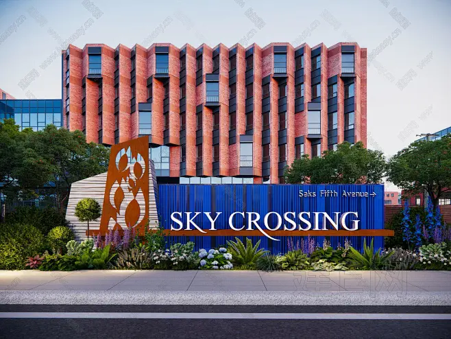 现代标识景墙su模型 现代公园产业园入口大门LOGO景墙围墙 花镜植物堆 形象导视标识指示牌-花瓣网