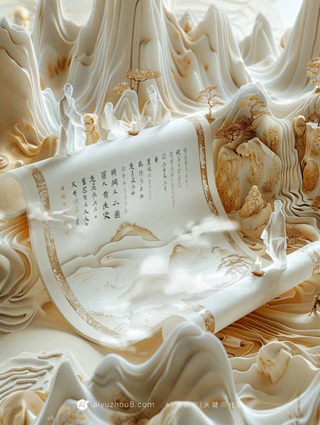 【ai宇宙吧】中国风立体山水画卷创意古风...