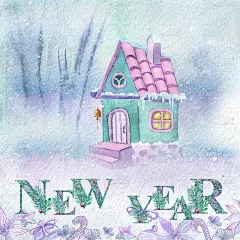 新年祝福语。卡通房子在一个冬天的雪景。