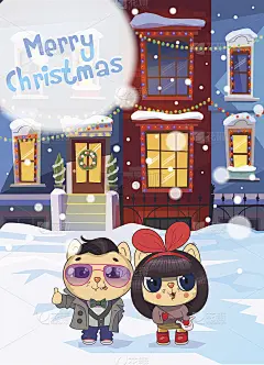 冬天的街道上装饰着圣诞节的家和两只可爱的小猫。