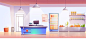 Grocery store with cashier desk and production on shelves and cold drinks in refrigerator Free Vector