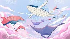 海洋场景  - 源文件下载【酷图网】海洋场景,蓝色大海,手绘,鲸鱼,船只,八爪鱼,海草,云朵,卡通,鱼群