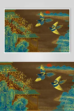 山峰褐色高端大气中式烫金风景插画