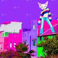 迪斯科明星小猫在多彩的城市空间。当代艺术拼贴。派对、音乐、夜生活的夜总会概念