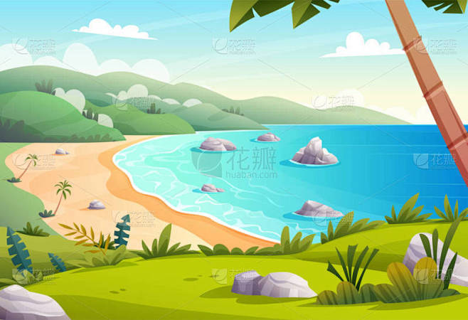 海洋湾全景与海滨和山景的概念.热带海滩度假卡通画
