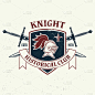 骑士俱乐部历史徽章设计。矢量插图概念衬衫，打印，邮票，覆盖或模板。复古的排版设计与骑士头盔，剑和盾牌