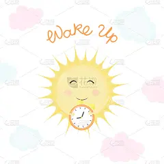 矢量插图微笑的太阳，闹钟和碑文醒来的白色背景与颜色的云。