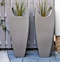 A pair of tall #curved #vases with Libertia grasses in a #contemporary Highbury courtyard. Powder coated steel planters with a sable textured exterior and smooth white interior.