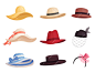 Set of women's fashionable hats of different colors and styles in retro style. elegant broad-brimmed hat, panama, gaucho, fedora. isolated on a white background.