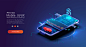 Smart wallet with credit debit card payment application : Blue Online banking app landing page. Smart wallet concept with credit, debit card payment application. Gadget of future, smartphone tech payment. Flat Isometric vector illustration. E-payment scre