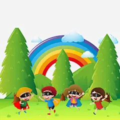 孩子们在草地上玩高清素材 孩子 彩虹 树木 玩耍 白云 矢量插画 青山 免抠png 设计图片 免费下载
