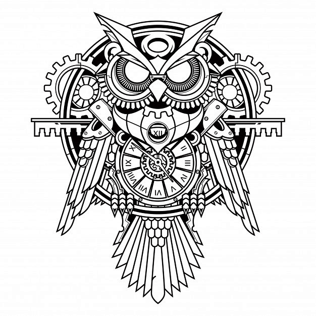 黑白线稿蒸汽朋克机械风格猫头鹰插画矢量图素材