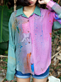 绿紫调撞色水彩抽象画复古着衬衫