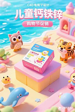 jimeng-2025-07-10-4955-使用 C4D进行3D建模渲染，以俯视视角制作一张钙铁锌电商海报。画面中心展示儿童