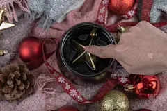 把一颗金色的圣诞星放进杯子里