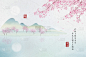 高雅,湖,背景,山,水墨画,宁静,植物,花,树