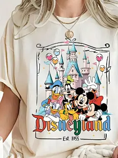  乐园复古图案纯棉t恤 - 米奇与米妮城堡设计，柔软透气100%纯棉衫， . 1955年创立，宽松版男女通用休闲上衣，海滩度假派对礼物（s-xxl），主题活动服装 | 趣味设计 | 舒适穿着，t恤