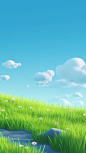 landscape 3d background animated, green grass, in the style of cute and dreamy, landscape-focused, sky-blue, hazy, landscape inspirations