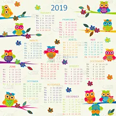 2019,猫头鹰,日历,卡通,可爱的,进出港显示牌,月,模板,动物,鸟类